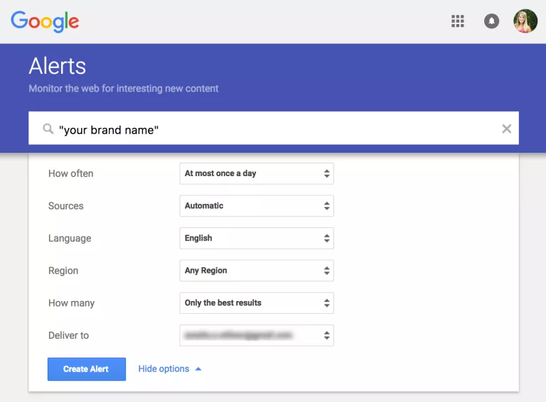 set up google alerts for unlinked brand mentions