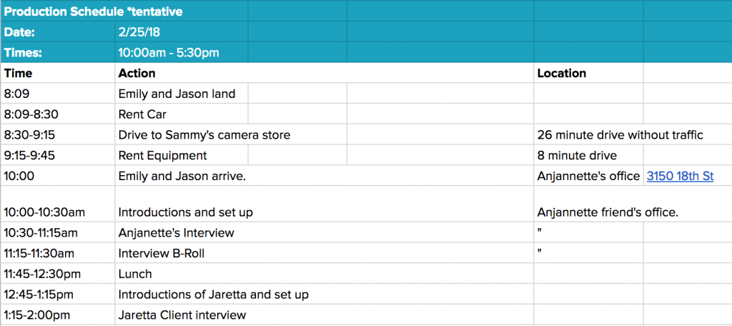 video shoot schedule
