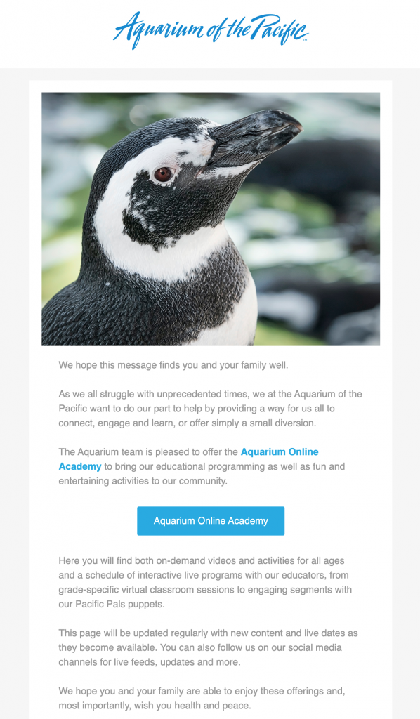 Aquarium of the Pacific Email Newsletter Example of How to Handle Coronavirus
