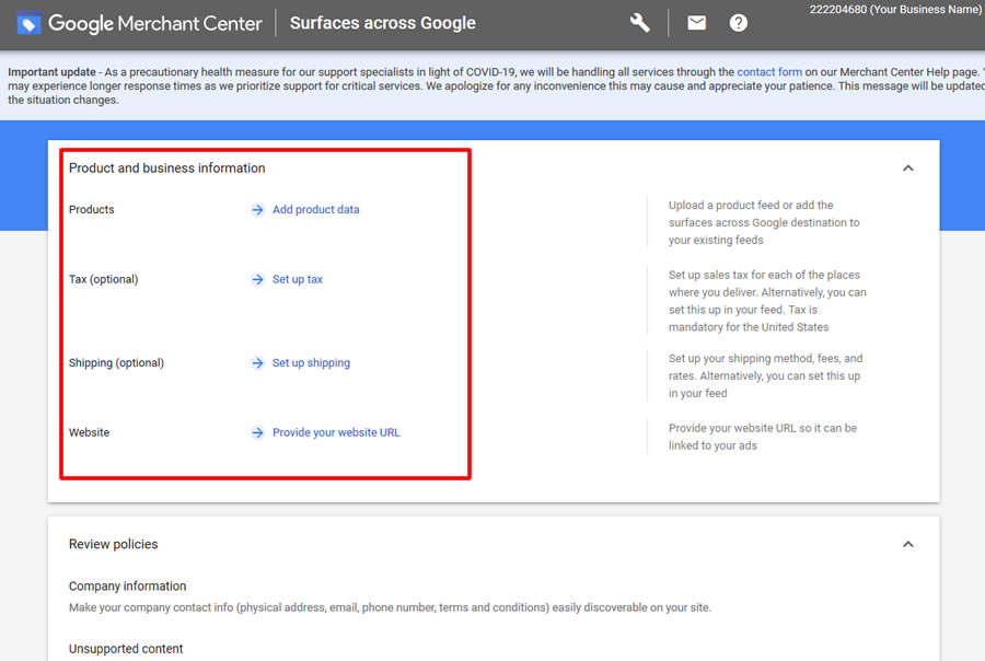google merchant center business info