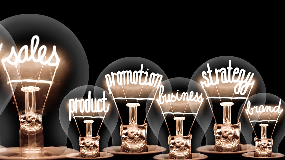 lightbulbs with marketing, brand, strategy, product