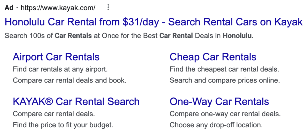 google search ad with sitelinks extension