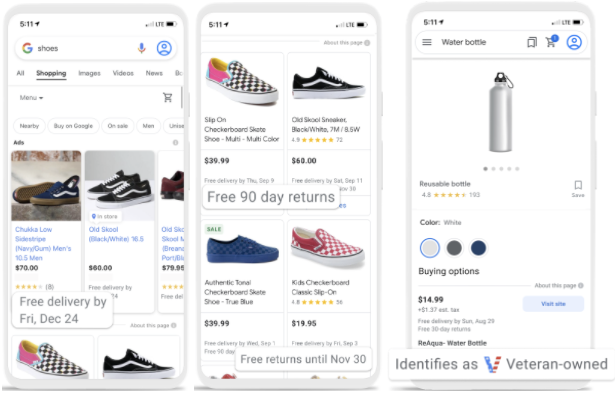 google ads attributes for returns and shipping