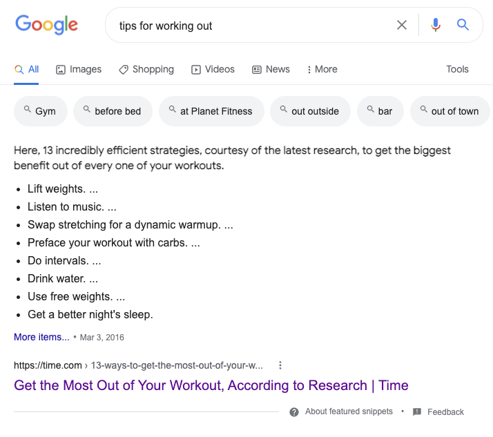 bulleted list featured snippet
