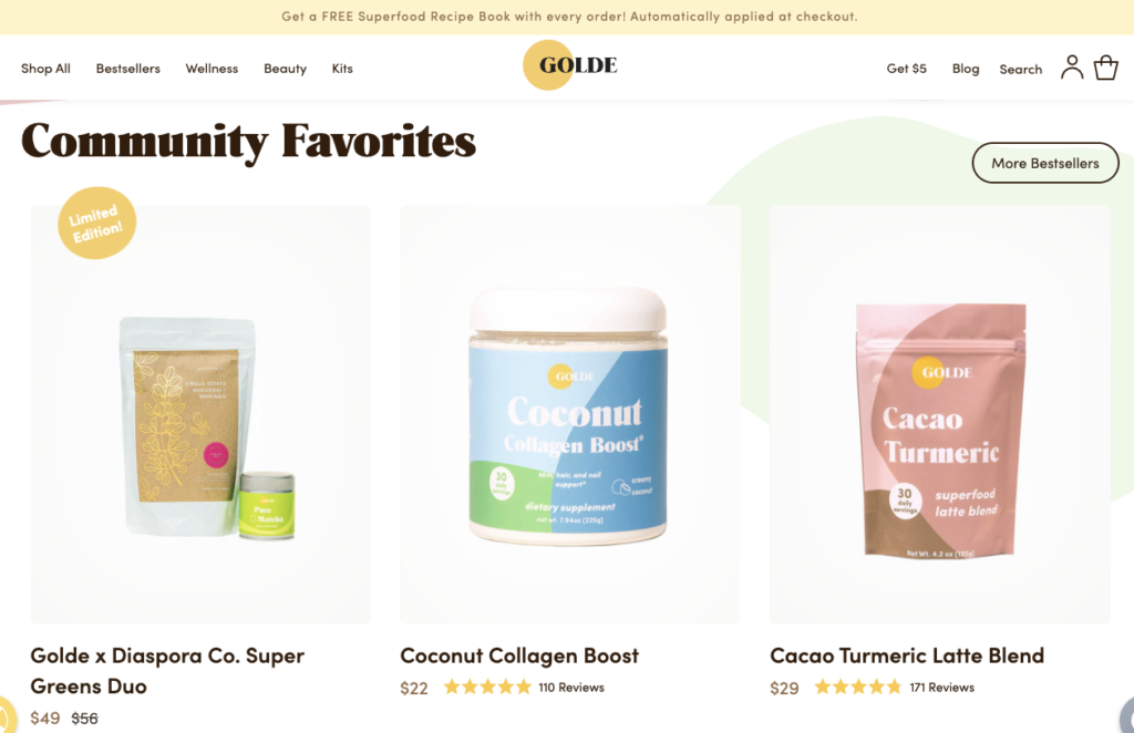 golde ecommerce homepage with bestsellers