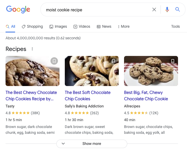 google search results for recipe