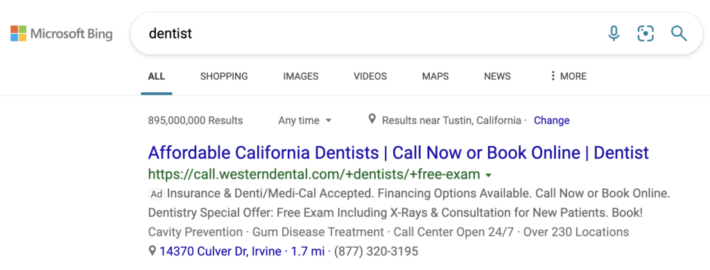 Example of PPC ad in Bing search 