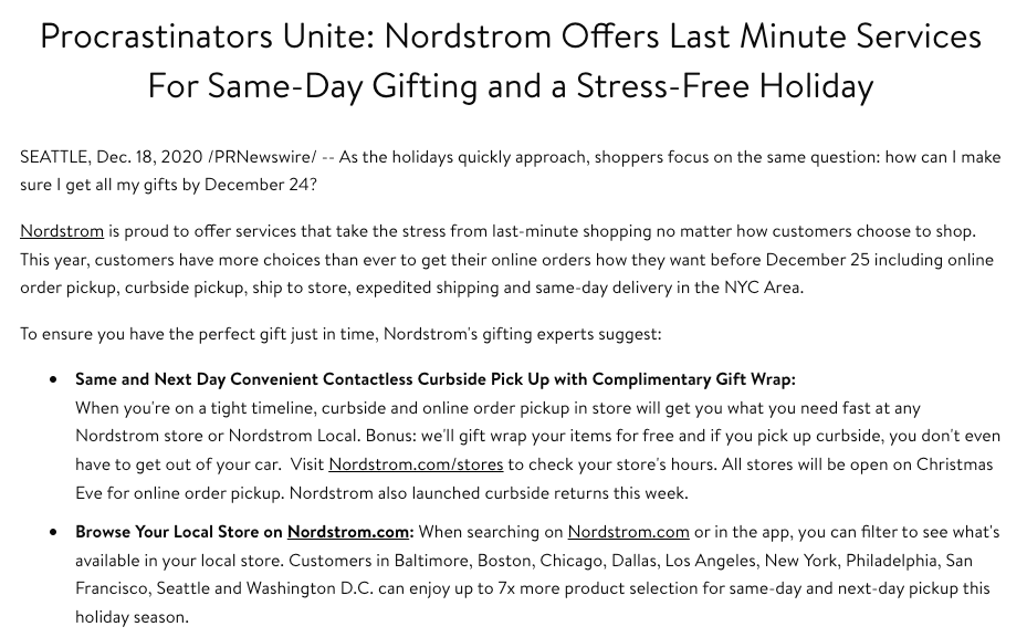 press release about holiday shipping times