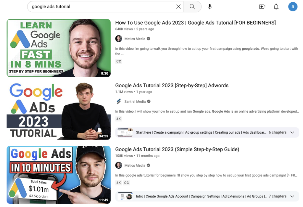 search for google ads tutorial on youtube