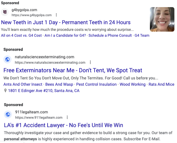 examples of google search ads with value-based copy
