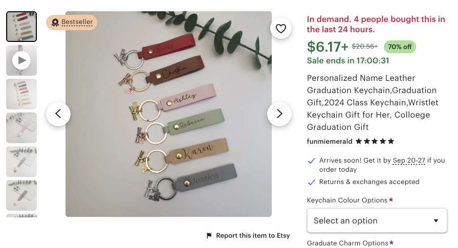 etsy shows active discounts and creates urgency with their product page