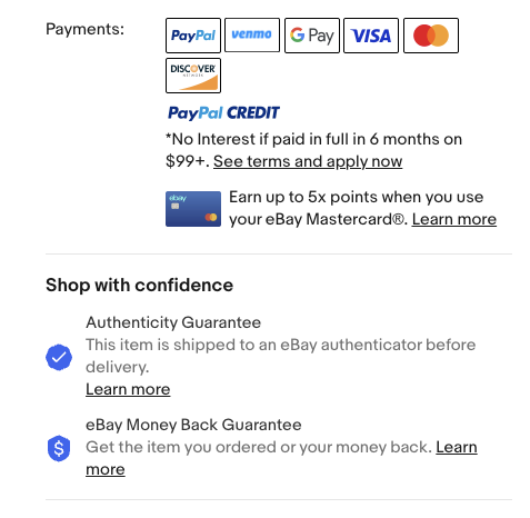 ebay displays payment option logos on landing page