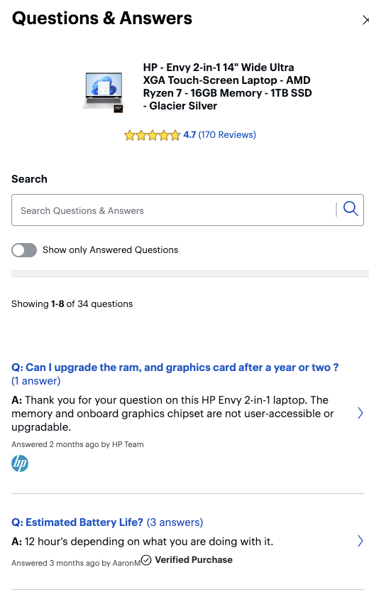 best buy has a searchable faq on its product page