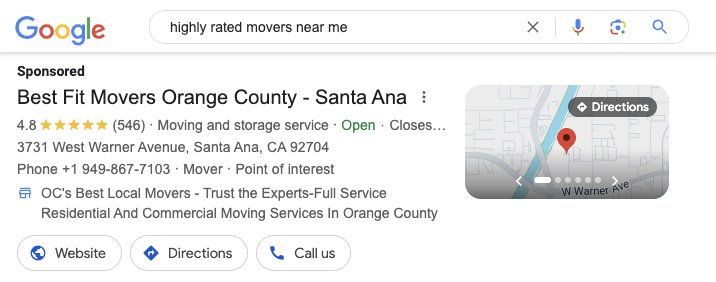 google ad for local business with review extension