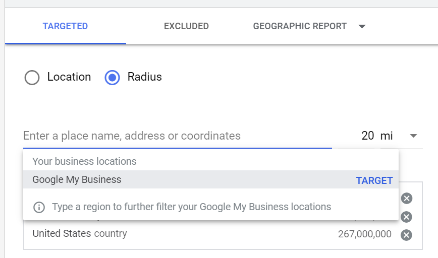 google ads geo-targeting for radius around google business profile