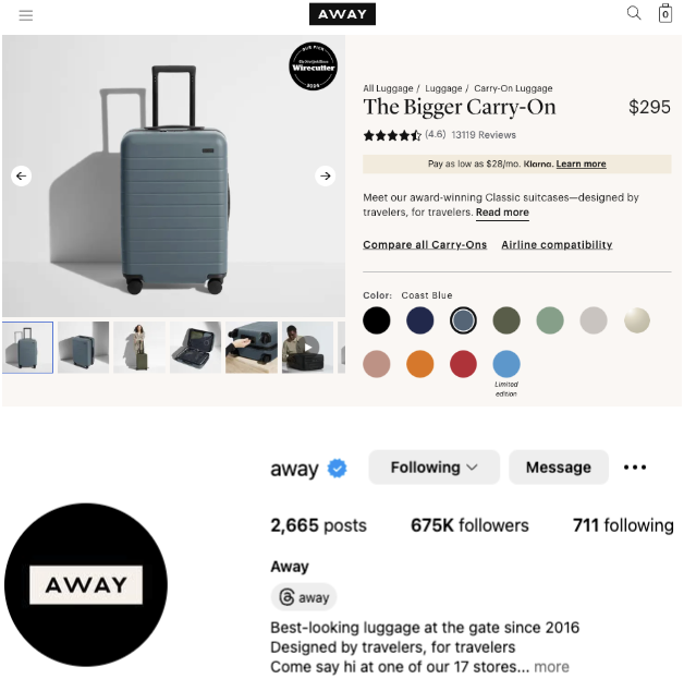 away luggage product page and instagram profile use similar brand voice