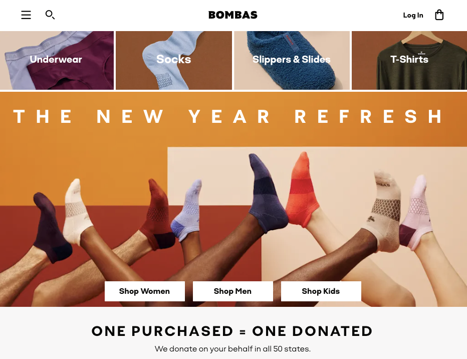 bombas homepage features the brand mission