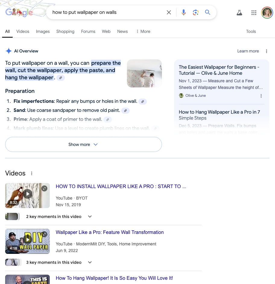 videos at top of google search results