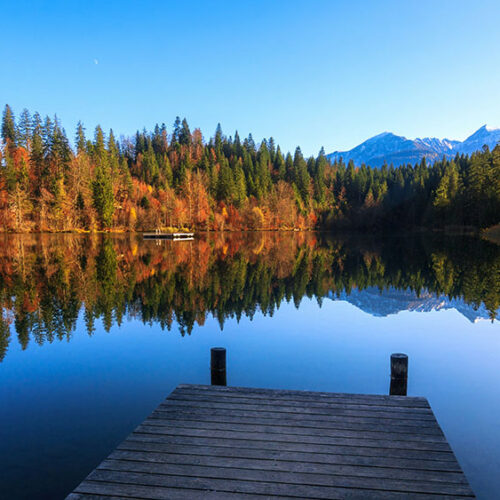 Fall foliage surrounding lake