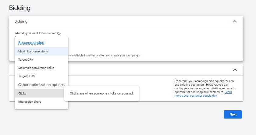 Google Ads bidding strategy dropdown showing Maximize conversions, Target CPA, Maximize conversion value, and Target ROAS under Recommended, with Clicks and Impression share listed under Other optimization options