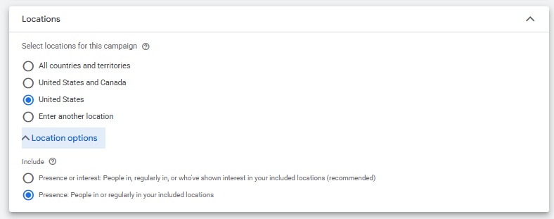 Google Ads target location options menu with "United States" selected and the specific "Presence: People in or regularly in your included locations" option checked.